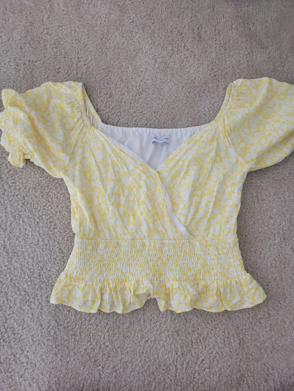 Lost Wander Yellow Floral Puff Sleeve Crop Top Size S Smocked Cottagecore Boho